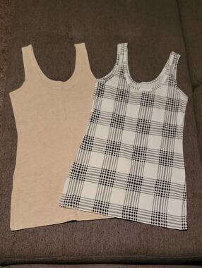 2-Pack Tank Tops - Heathered Oatmeal Cream Solid & Black-White Plaid Sz S (3-5)
